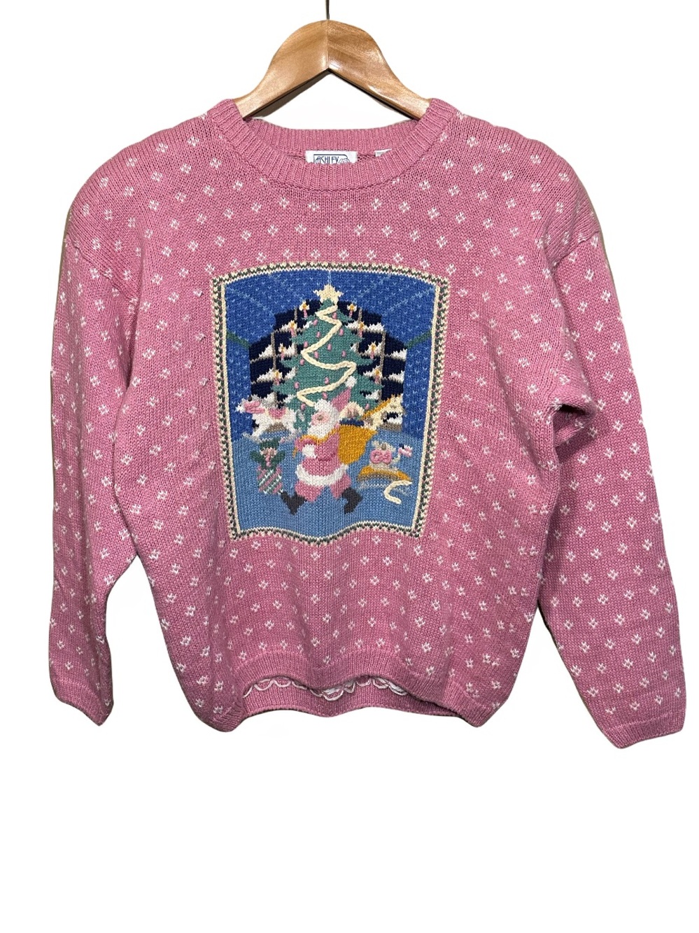 Vintage Ashley Petites Hand Embroidered Santa Christmas Tree Sweater Size PM